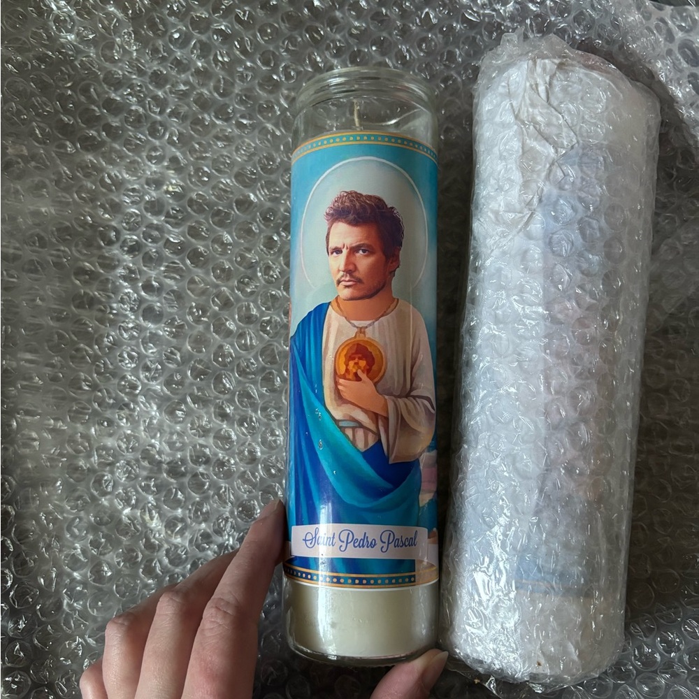 Saint Pedro Pascal Candle with Blue and White Design